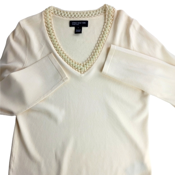 Jones NY Signature Pearls & Braid Collar V-neck Sweater - Picture 4 of 8